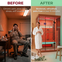 Full Spectrum Infrared Sauna，1-2 Person Home Sauna，Wooden Canadian Hemlock Indoor Spa Sauna with Resonance Speaker, Panoramic Tempered Glass Door — Before & After