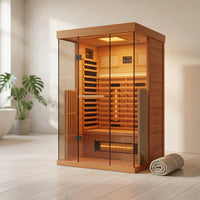 Full Spectrum Infrared Sauna，1-2 Person Home Sauna，Wooden Canadian Hemlock Indoor Spa Sauna with Resonance Speaker, Panoramic Tempered Glass Door — Studio Shot