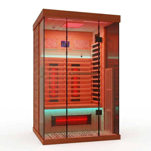 Full Spectrum Infrared Sauna，1-2 Person Home Sauna，Wooden Canadian Hemlock Indoor Spa Sauna with Resonance Speaker, Panoramic Tempered Glass Door — Studio Shot
