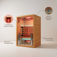 Full Spectrum Infrared Sauna，1-2 Person Home Sauna，Wooden Canadian Hemlock Indoor Spa Sauna with Resonance Speaker, Panoramic Tempered Glass Door — infographic