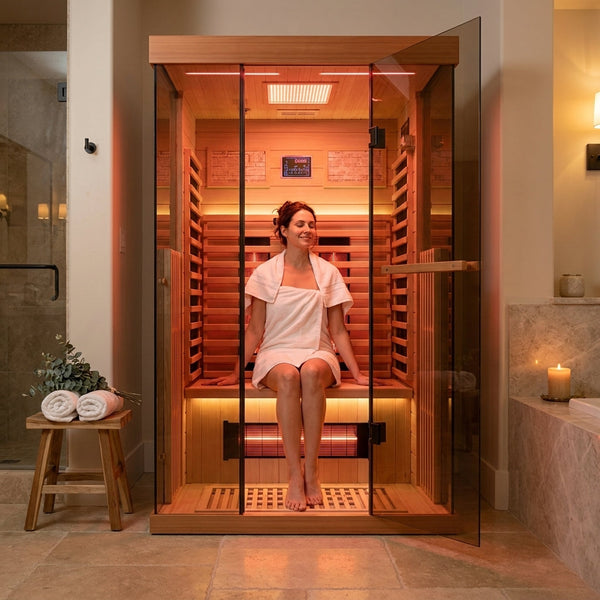 Full Spectrum Infrared Sauna，1-2 Person Home Sauna，Wooden Canadian Hemlock Indoor Spa Sauna with Resonance Speaker, Panoramic Tempered Glass Door
